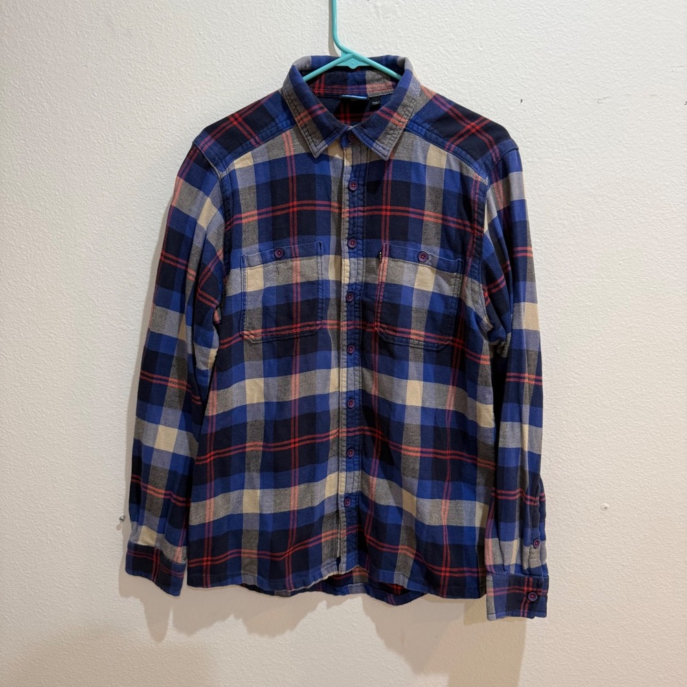Kavu Mens Large Blue Tan Red Plaid Flannel Long Sleeve Button Down Shirt